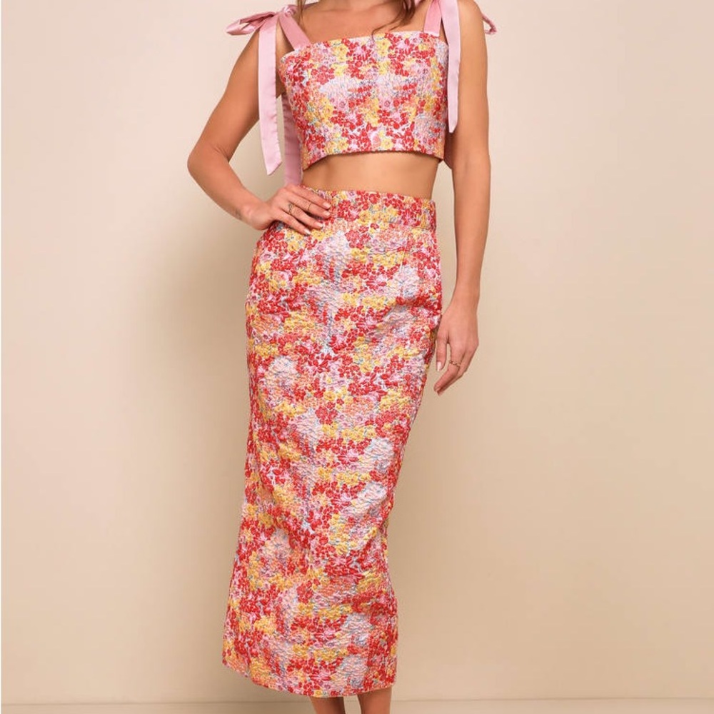 Lulu’s Ellarina Pink Multi Metallic Tie-Strap Two-Piece Midi Dress